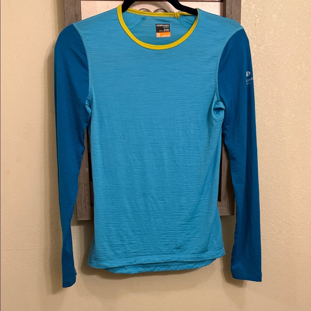 100% Merino Wool Icebreaker Teal and Yellow Long Sleeve Top